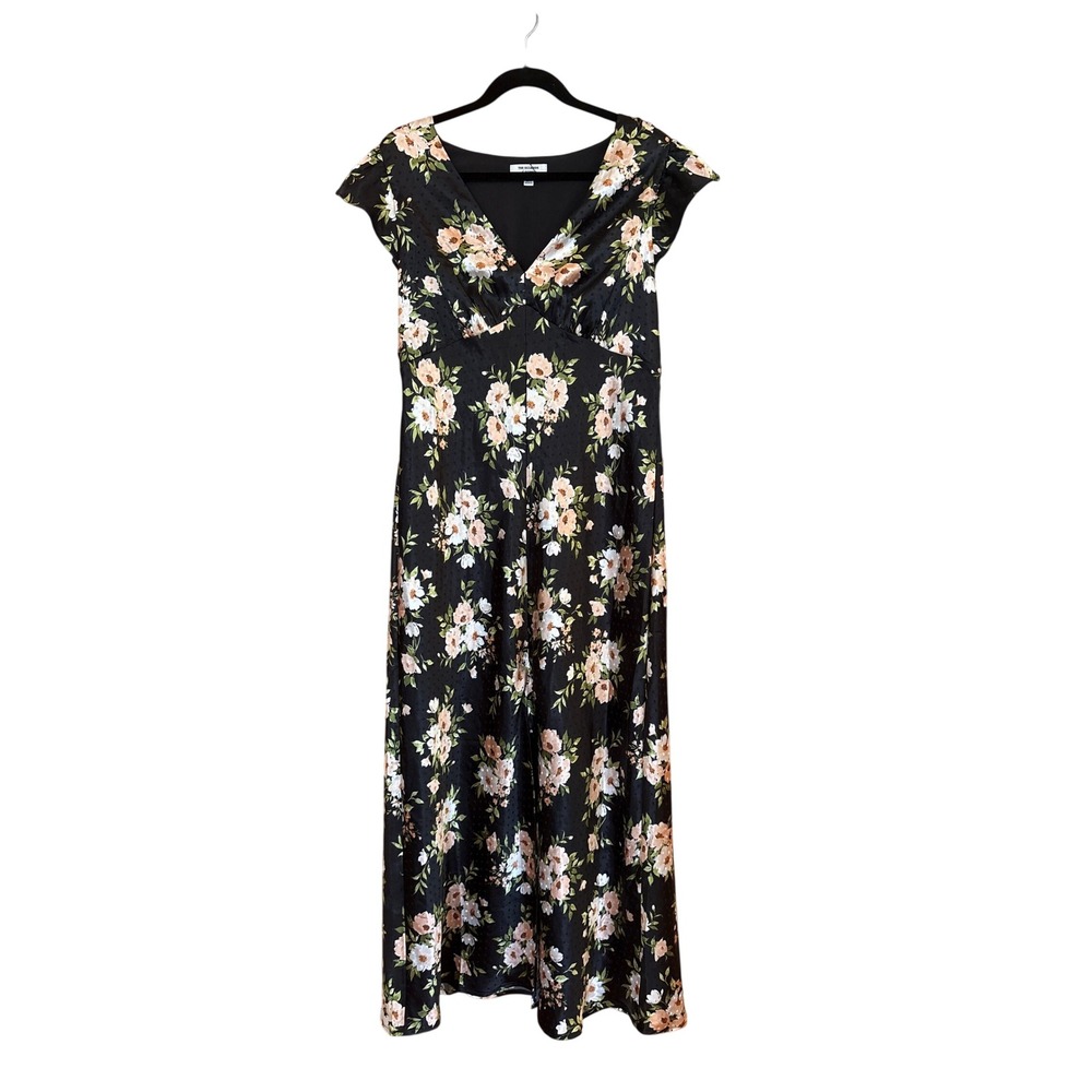 The Occasion Maxi Dress Women Black Floral Dobby Flutter Sleeve SIZE Large